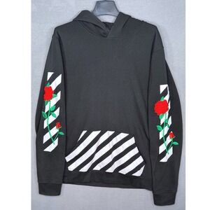 Black Hoodie Rose Embroidered Sleeves Diagonal Stripe Graphic Pocket Fleece Sz M